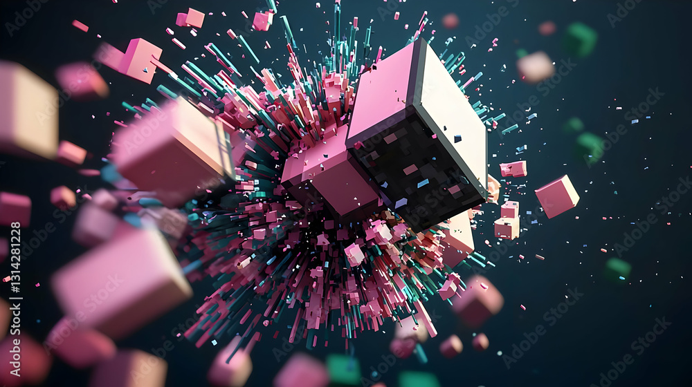 Poster 3d render of pink and teal cubes exploding