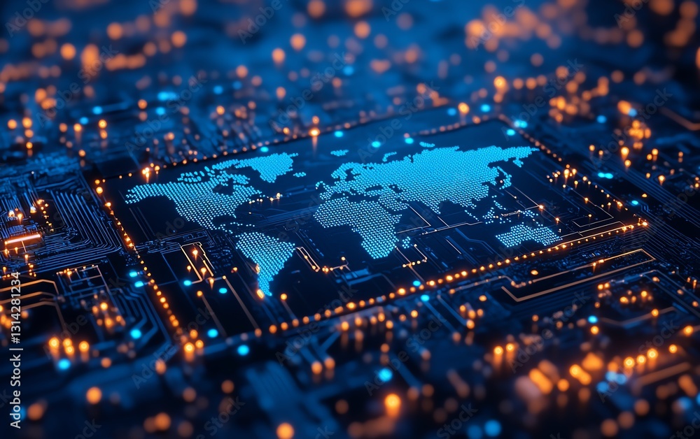 Poster hightech semiconductor chip with a digital world map seamlessly integrated into its circuits, symbol