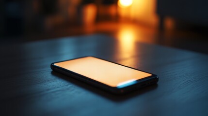 A glowing smartphone rests on a wooden table in a dimly lit room, casting a warm, ambient light that adds intrigue and modernity.