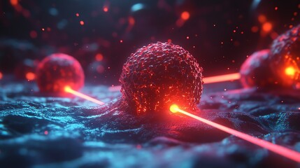 Hightech laser precision aimed at cancer cells, symbolizing cuttingedge oncology treatments, glowing red and blue beams, ultrarealistic textures, scifi medical vibe