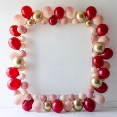 Festive Frame with Red and Gold Balloons and Decorative Lacy Spheres for Party Celebrations