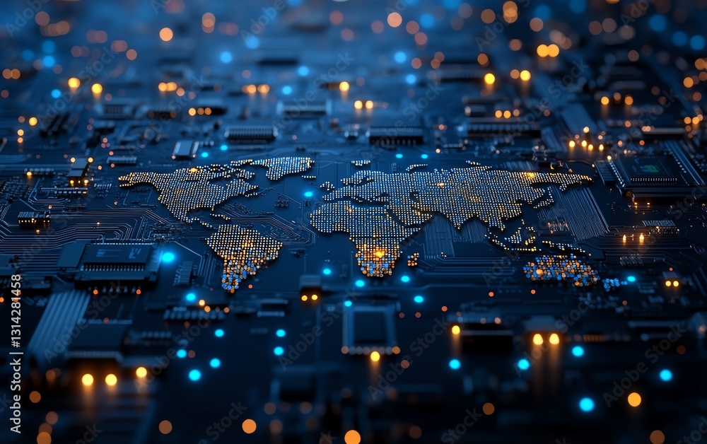 Poster hightech semiconductor chip with a digital world map seamlessly integrated into its circuits, symbol
