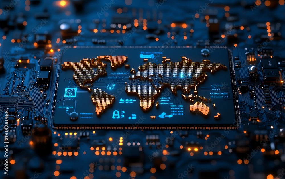 Poster hightech semiconductor chip with a digital world map seamlessly integrated into its circuits, symbol