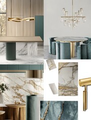 Elegant modern interior design featuring luxurious marble surfaces, stylish furniture, and sophisticated lighting, showcasing a contemporary aesthetic concept, moodboard