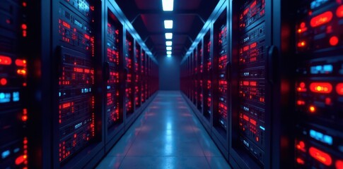 Fototapeta premium Rows of humming servers display dynamic data processing graphics , program, big data, cables