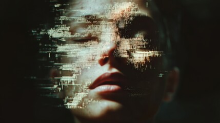 A fragmented digital visage suggests the fusion of human identity and technology in a compelling exploration of perception and virtuality.