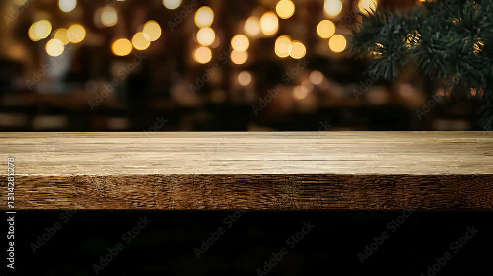 Poster empty rustic wooden table top with christmas pine branches and warm golden bokeh lights background f