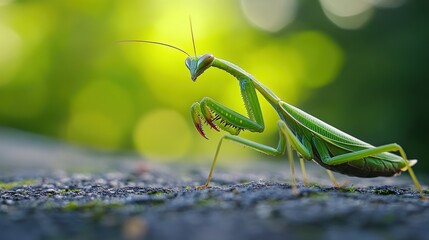 A vibrant green praying mantis perched on a textured surface
