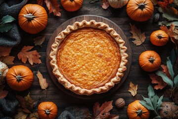 Homemade Pumpkin Pie with Golden Crust Surrounded by Decorative Pumpkins and Autumn Leaves for Thanksgiving