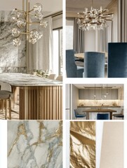 Elegant modern interior design featuring luxurious marble surfaces, stylish lighting fixtures, and contemporary furniture in a sophisticated dining space, home decor concept, moodboard