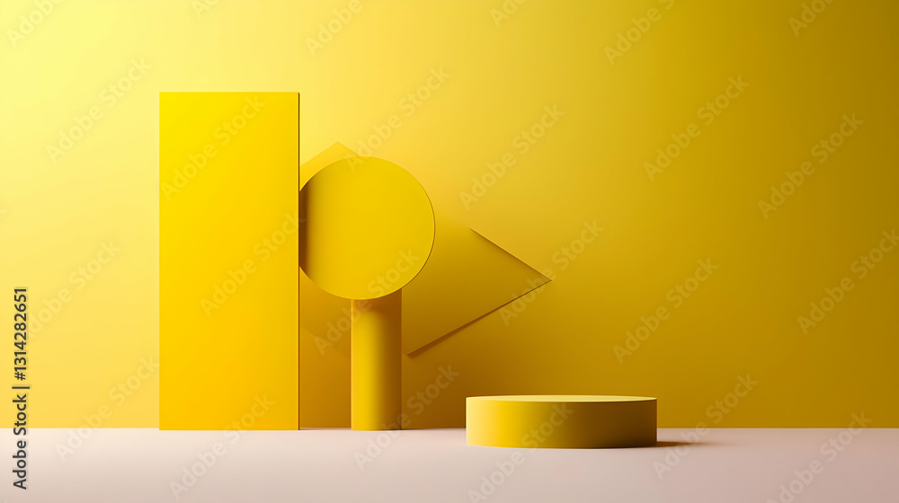 Poster 3d render of yellow minimalist podium display with abstract geometric shapes on a pastel yellow back