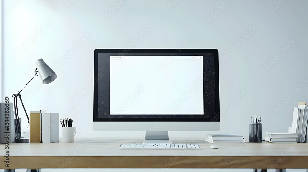 Poster modern minimalist home office workspace with blank computer screen gray desk and white background wi