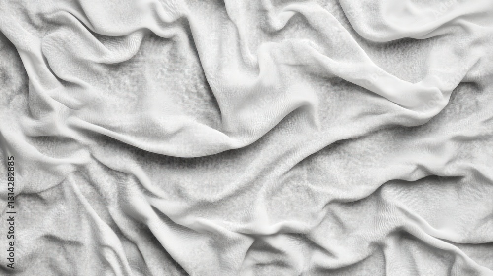 Poster soft white fabric with elegant folds and creases, creating a serene and calming backdrop