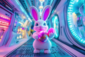 High-tech Easter bunny in a futuristic setting, celebrating a Happy Easter.