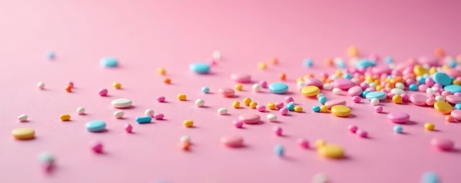 Vibrant sprinkles scattered on pastel pink, close-up , background, decoration, sugar art