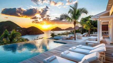 Fototapeta premium Luxury Resort at Sunset: A stunning shot of a luxurious resort, featuring a pristine pool, lounge chairs, and a breathtaking view of the ocean at sunset, evoking a sense of peace and tranquility.