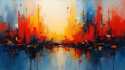 Naklejka premium Vibrant Abstract Cityscape Painting with Bold Colors
