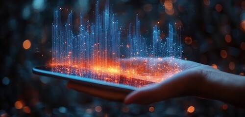 Digital Business Growth Graph Hologram Emerging from Tablet for Advanced Stock Market Analysis and Financial Planning