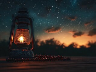 A vintage lantern illuminates a tranquil night scene