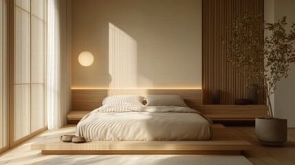 Zen Serenity in Bedroom: A sun-drenched, minimalist bedroom exudes tranquility, with natural light casting soft shadows across a low platform bed and carefully chosen decor.