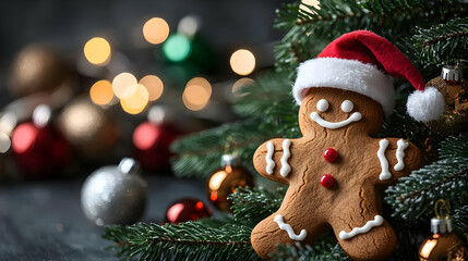 Gingerbread Man on Pine Branch with Christmas Lights and Ornaments