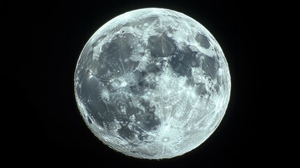 Obraz premium Detailed image of a full moon against a black sky, showcasing its craters and surface in stunning clarity and luminous white.