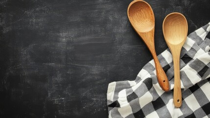 Rustic Kitchen Still Life: Wooden Spoons on Checkered Cloth and Dark Backdrop