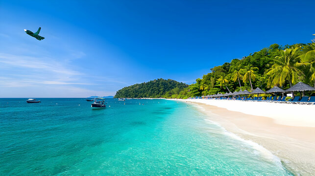 Tropical Island Paradise White Sand Beach Crystal Clear Turquoise Water And Lush Green Palm Trees