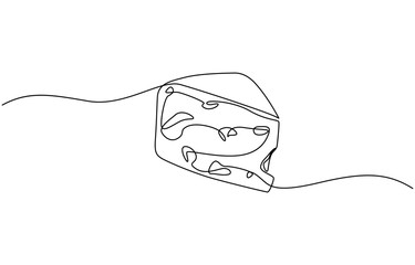 Fototapeta premium Сheese in continuous line art drawing style. Wheel of cheese with holes and a piece cut from it, Minimalist black linear sketch isolated on white background.