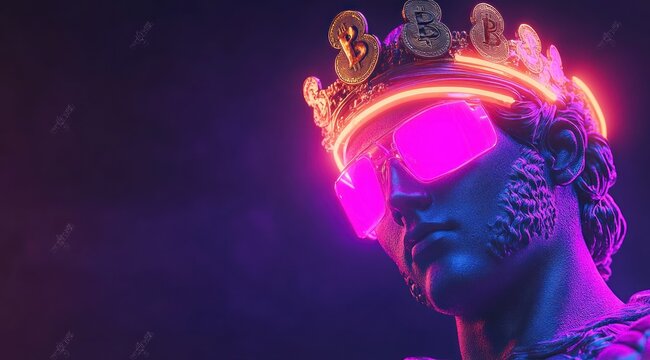 Hercules Bust with Bitcoin Glasses and Neon Crown in Cyberpunk Style