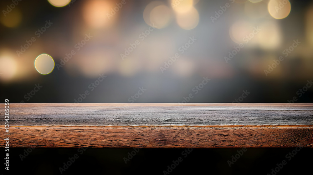 Poster empty rustic wooden table top with warm bokeh lights blurred background for product display