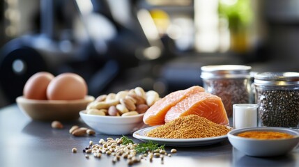 Protein-rich foods neatly arranged, symbolizing fitness and balanced nutrition for an active lifestyle.