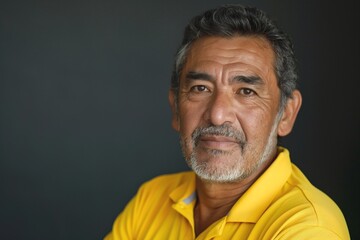Obraz premium Close-up portrait of a middle-aged Hispanic man with salt-and-pepper beard, wearing a bright yellow shirt, looking confidently at the camera.