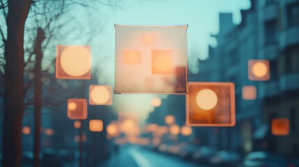 Transparent squares illuminate a city street at twilight, casting a warm, mystical glow, blending urban landscape with abstract shapes.
