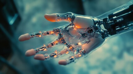 A robotic hand with glowing circuits exemplifies technological sophistication and the fusion of innovation and design.