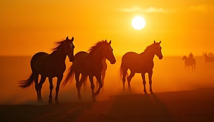 Fototapeta premium herd of horses at sunset