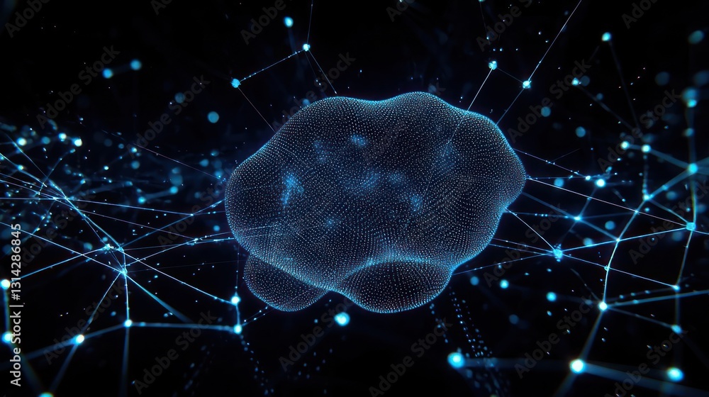 Poster abstract digital cloud of connected data and network lines in blue color over black background