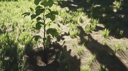 Young plant sprouting from the ground with fresh green leaves in a sunlit setting