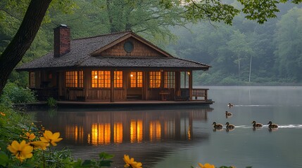 Fototapeta premium Illuminated Lakeside Cabin at Dawn