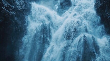 Majestic Waterfall Cascading Down Rocky Cliffs into a Serene Landscape