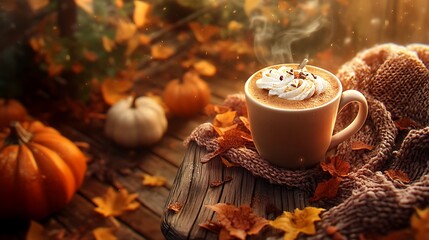 Steaming pumpkin spice latte with whipped cream, surrounded by autumn leaves and pumpkins on rustic wooden surface.