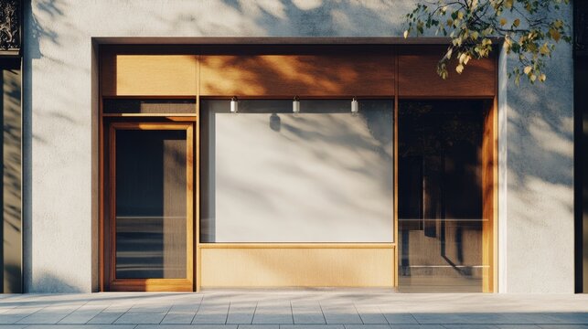 A modern storefront with wooden accents and a large window under dappled sunlight.