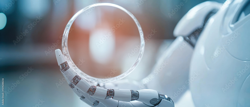 Poster mechanical ai powered robot and technology concept. a robotic hand holds a hollowed orb, symbolizing
