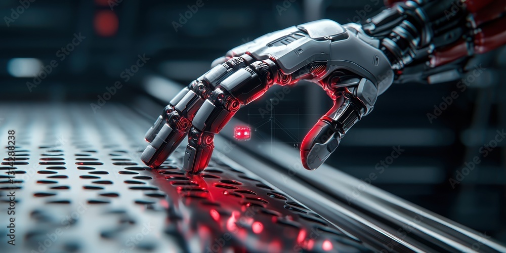 Aufkleber mechanical ai powered robot and technology concept. a robotic hand reaching towards a metallic surfa