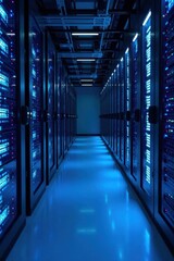 Gleaming server racks, vibrant blue light accents , server farm, data center