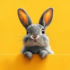 Obraz premium Cute Bunny Peeking Over Yellow Background Easter Greeting Card