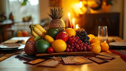 Festive fruit centerpiece with candles on a Thanksgiving table.