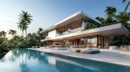 Tropical Villa Oasis: Modern architecture meets lush tropical foliage in this idyllic villa, featuring a pristine infinity pool overlooking a sprawling landscape.