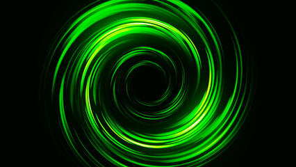 Bright green led tunnel. Colorful effect of colored radial background. Abstract rounded background. Colored curves spirals and spheres. Multicolor gradient rings and circles. Funnel. 3D rendering.