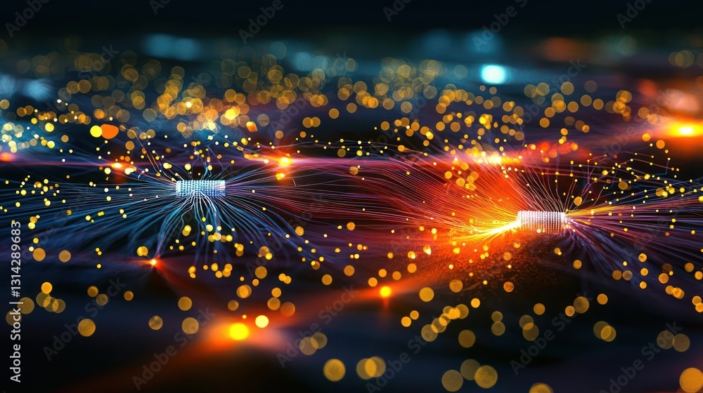 Poster abstract network of connected digital lines and glowing dots in blue and orange